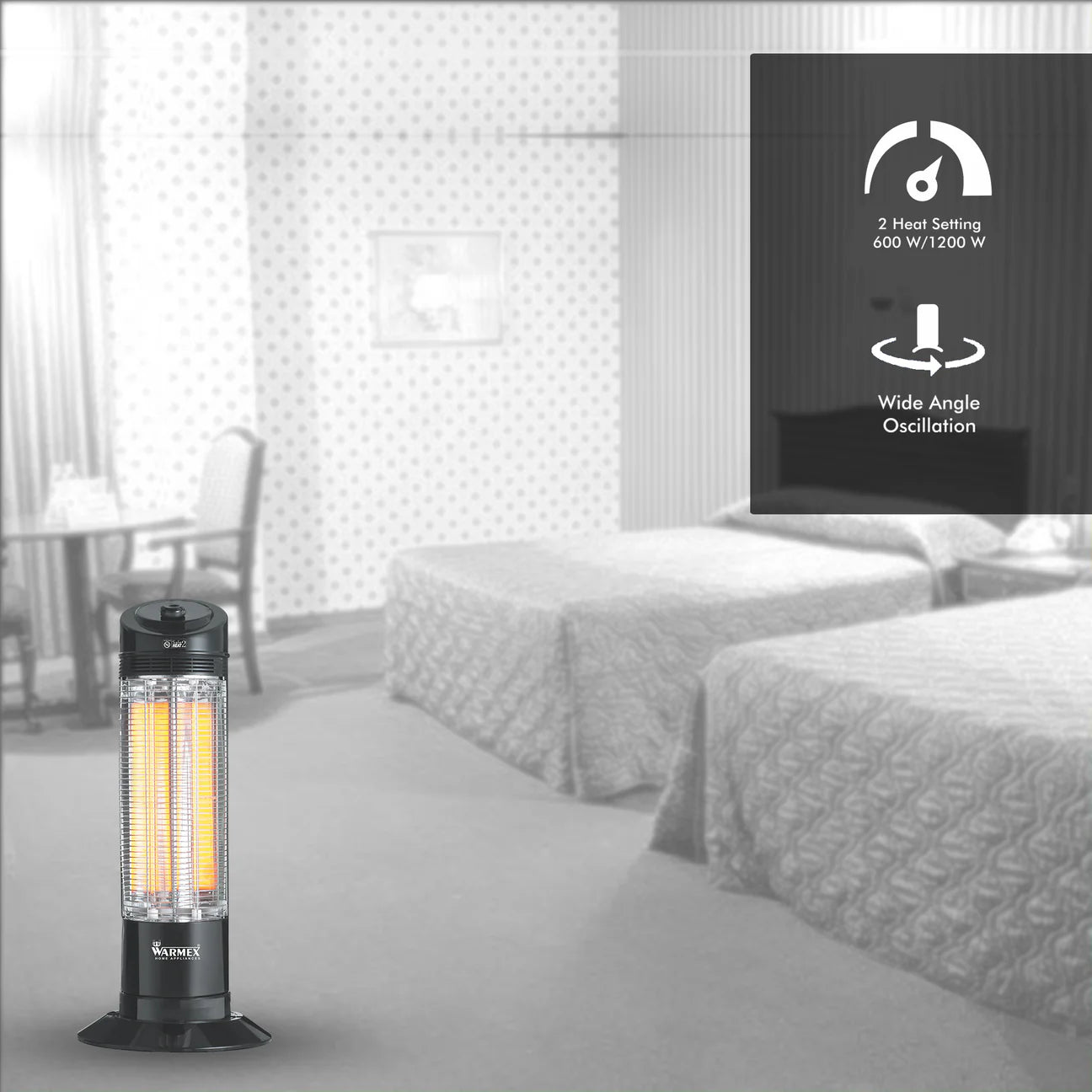 Warmex 600/1200 Watts Room Heater with 2 carbon elements & Overheat protection Black (RAPID