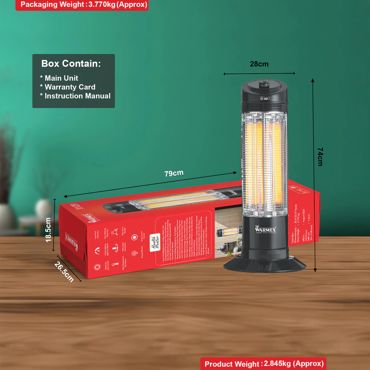 Warmex 600/1200 Watts Room Heater with 2 carbon elements & Overheat protection Black (RAPID