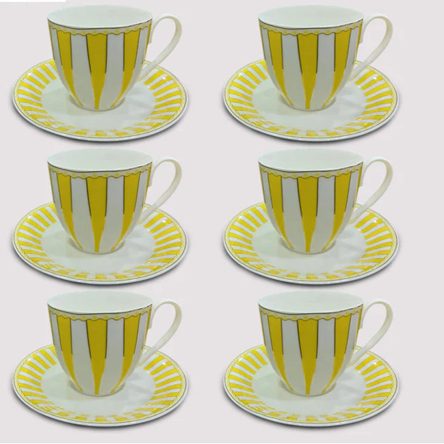 American Brunswick Luxury Porcelain Cup & Saucer Set – Classic Stripe Design (Set of 6)