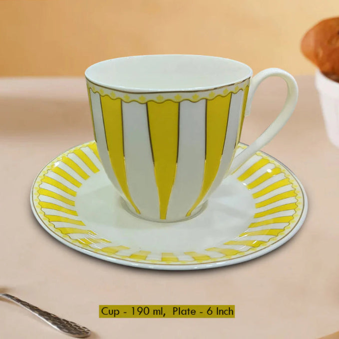 American Brunswick Luxury Porcelain Cup & Saucer Set – Classic Stripe Design (Set of 6)