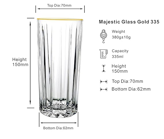 DUBBLIN Majestic 335 Gold Tall Premium Juice and Water Glasses - Set of 6