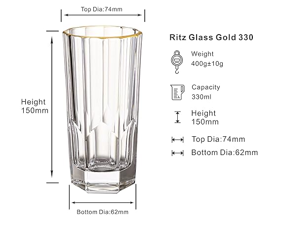 DUBBLIN Ritz 330 Gold Premium Juice and Water Glasses - Set of 6
