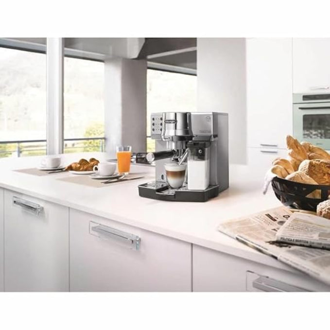 DeLonghi EC850 Espresso & Cappuccino Machine – Pump Coffee Maker with Milk Frother, Water Level Indicator, Self-Priming & Drip Tray (Metallic)