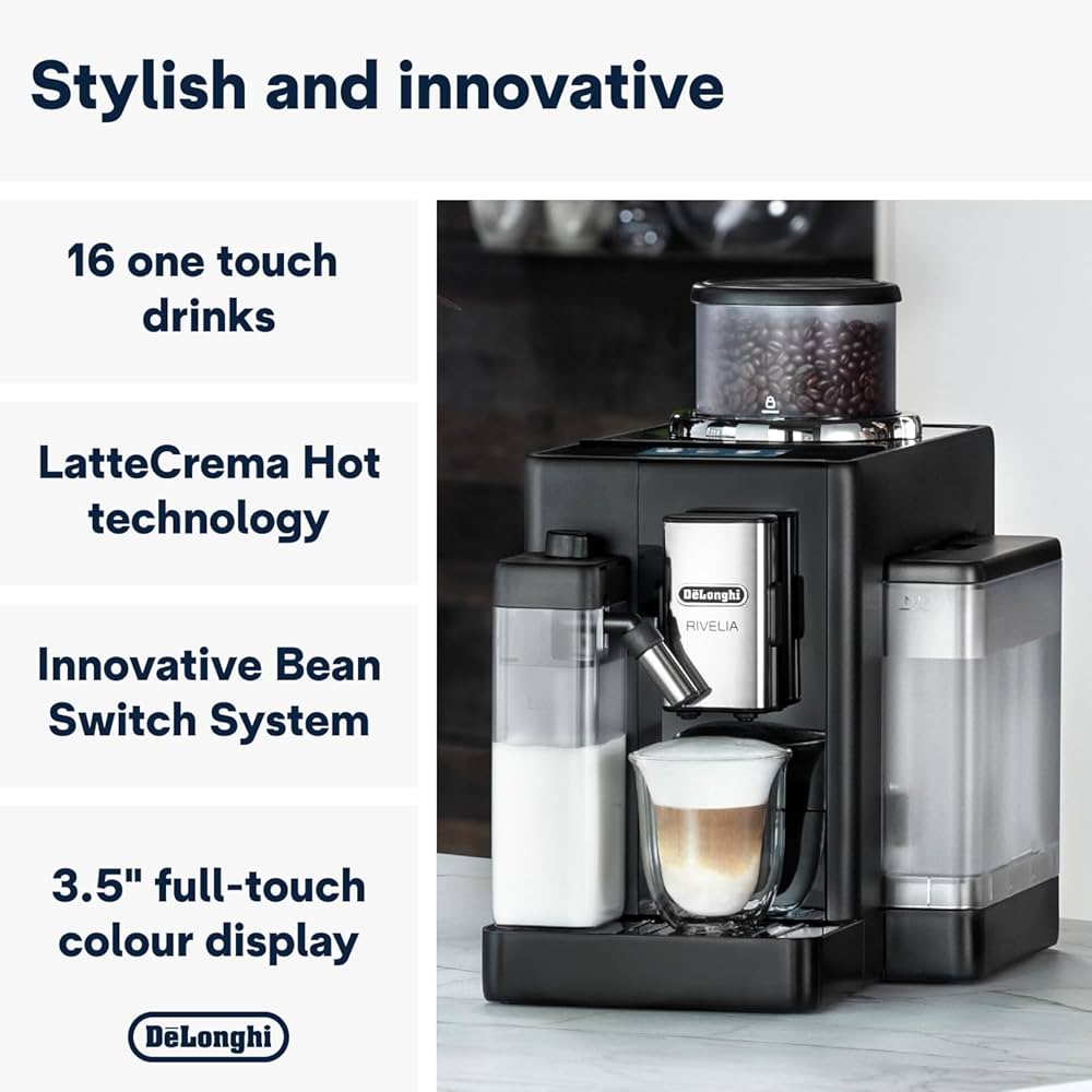 De'Longhi Rivelia Automatic Espresso Machine – Bean to Cup Coffee Maker with Grinder, Milk Frother & Iced Coffee | Compact Italian Design | Black