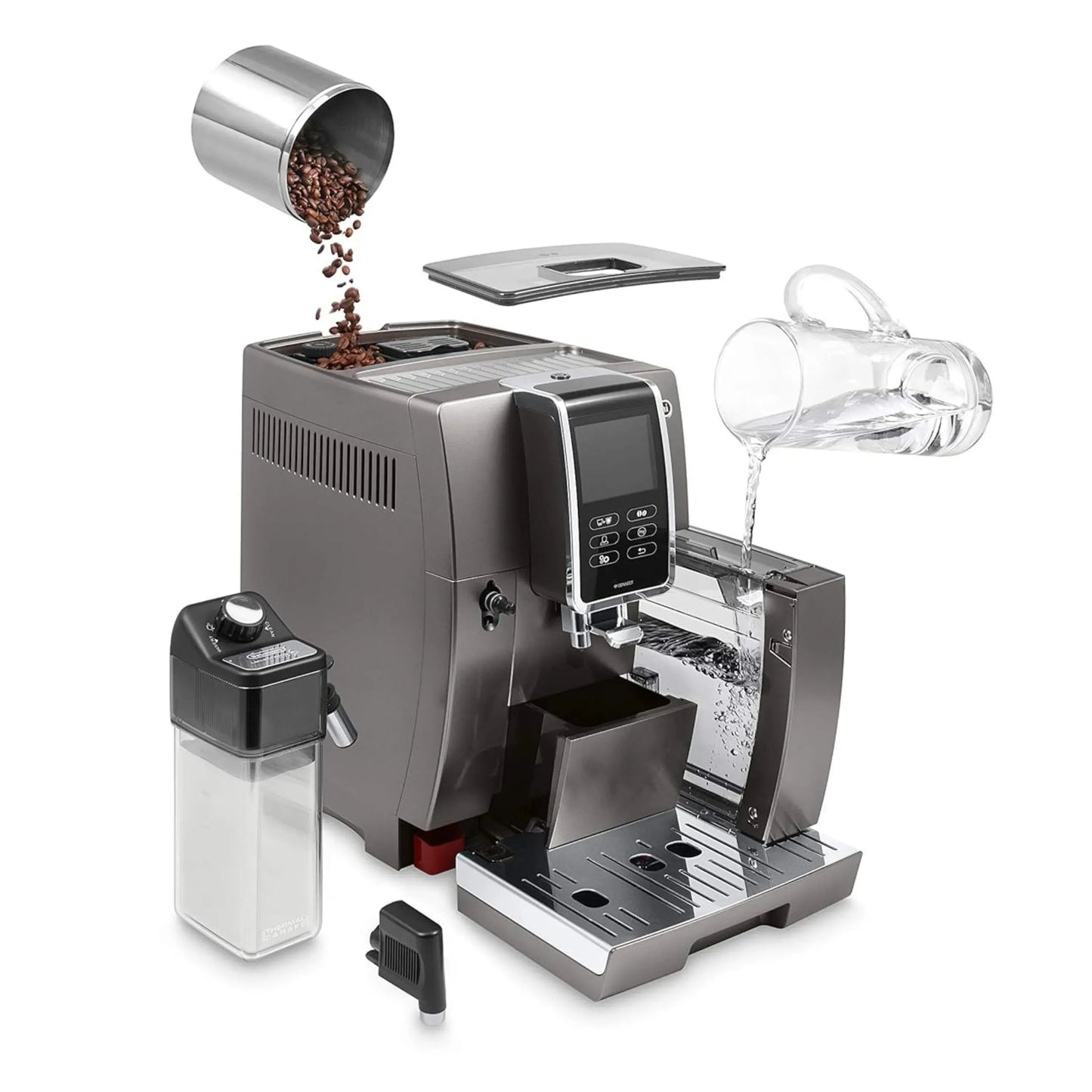 De'Longhi Dinamica Plus ECAM 370.95.T Titanium Automatic Coffee Machine – Bean to Cup, Smart Touchscreen, Milk Frother