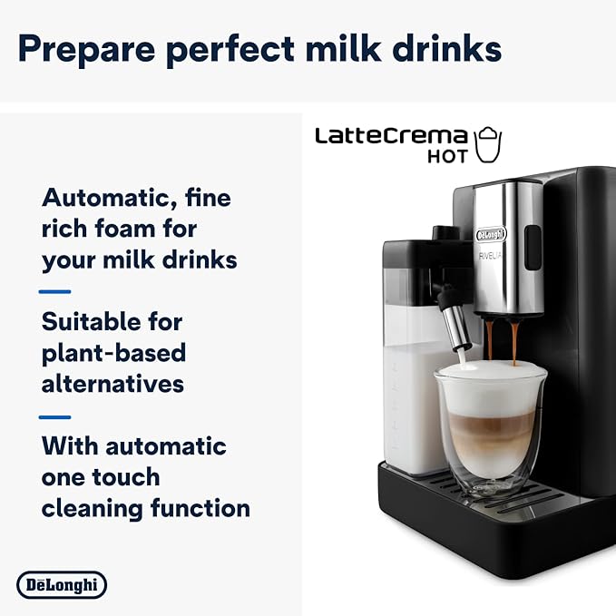De'Longhi Rivelia Automatic Espresso Machine – Bean to Cup Coffee Maker with Grinder, Milk Frother & Iced Coffee | Compact Italian Design | Black
