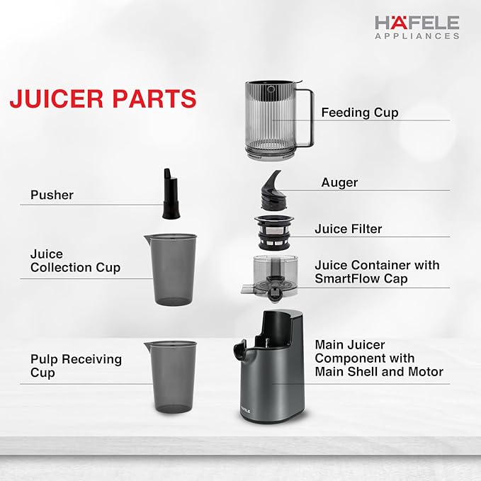 Häfele Magnus Prime Cold Press Slow Juicer – 250W Powerful Motor, Silent Operation, High Juice Yield, 2.9 kg, Silver – Premium Cold Press Juicer for Fruits & Vegetables