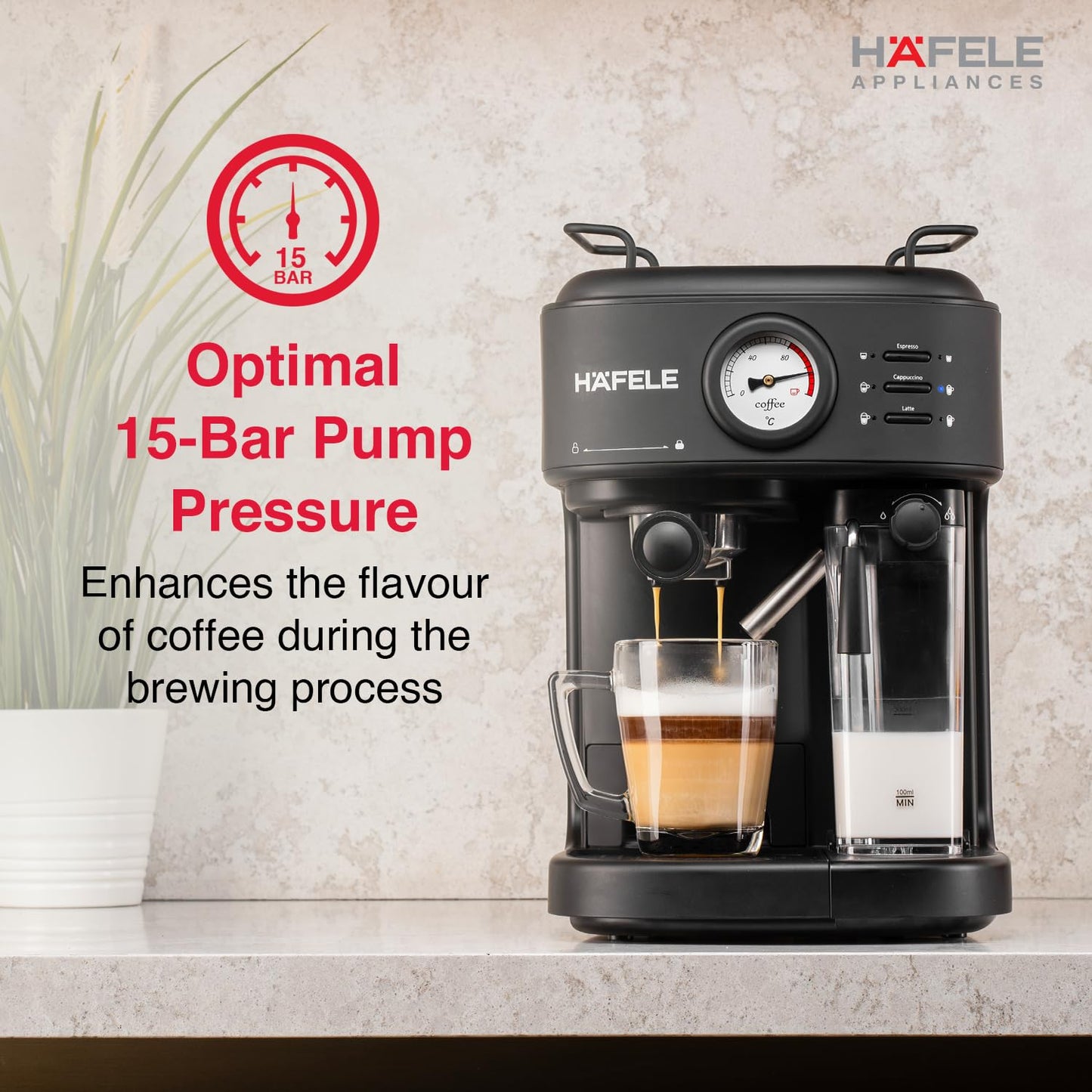 Hafele U-Kaffee Plus Coffee Machine 15 Bar Espresso Maker with Thermoblock Technology, 1250W, Single Double Shot, Cappuccino & Latte, 500ml Removable Milk Tank