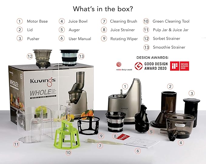 Kuvings B1700 Whole Slow Juicer Dark Silver Patented JMCS Tech for Higher Juice Yield, 240W Powerful Motor, 12 Yrs Motor Warranty, With Attachments
