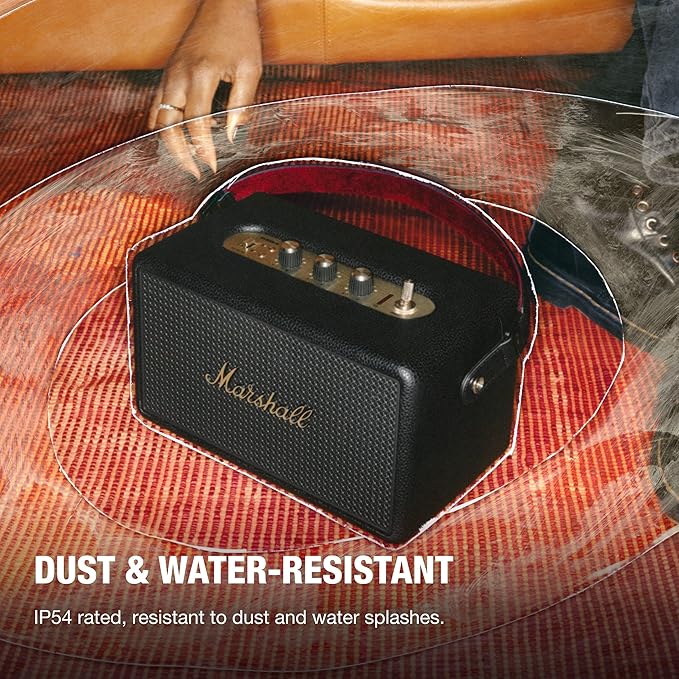 Marshall Kilburn III Portable Bluetooth Speaker – Black & Brass 360° Immersive Sound, 50+ Hours Playtime, Dust & Water Resistant (IP54)