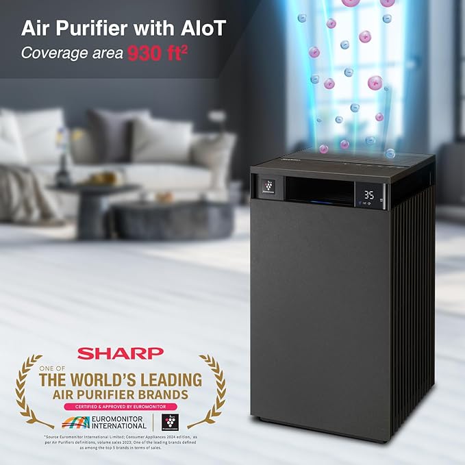 Sharp FX-S120M-H Wi-Fi Enabled Air Purifier for Home up to 930 sq ft with PM2.5 Display & Real-Time Air Quality Monitoring white
