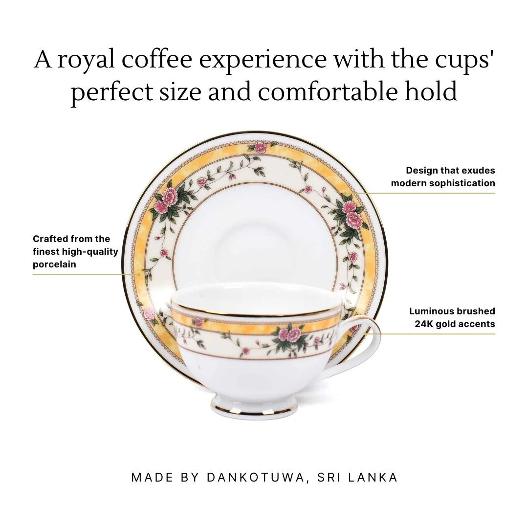 Yeseniya 12-Piece Tea Cup & Saucer Set – Elegant Yellow Porcelain Tableware | Premium Ceramic by Dankotuwa Sri Lanka