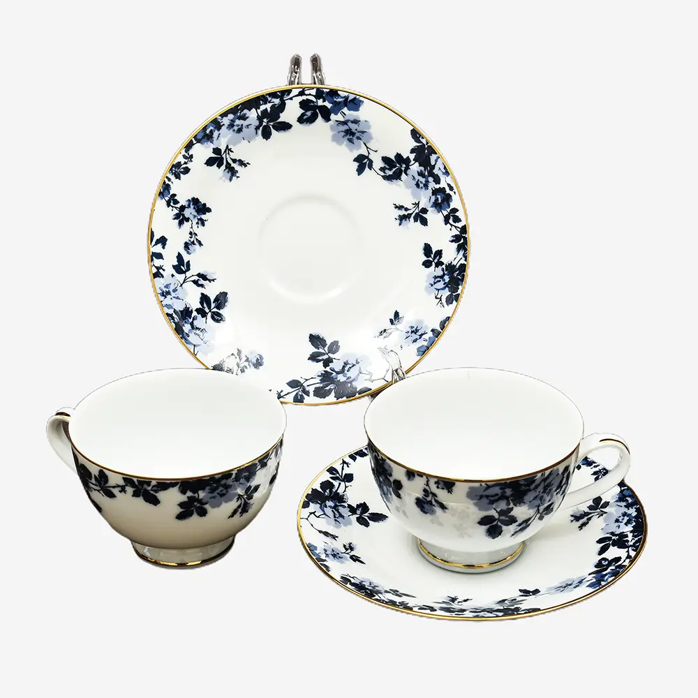 Zeneta Leaves 12-Piece Tea Cup & Saucer Set – Premium Porcelain Blue Leaf Design Dankotuwa Sri Lanka Fine Ceramic Tableware