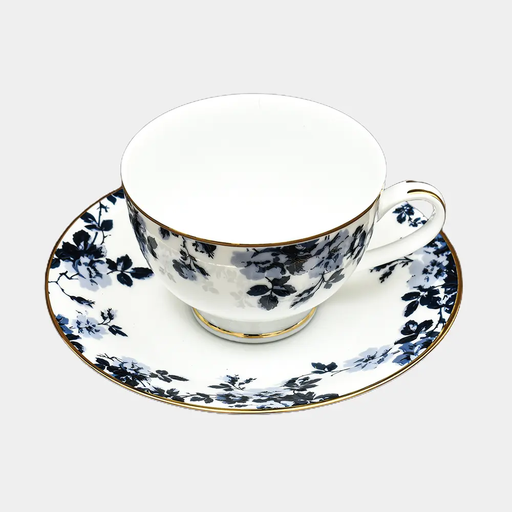 Zeneta Leaves 12-Piece Tea Cup & Saucer Set – Premium Porcelain Blue Leaf Design Dankotuwa Sri Lanka Fine Ceramic Tableware