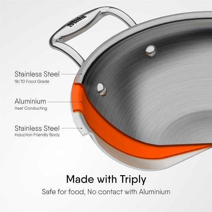 28cm Stahl Artisan Triply Stainless Steel Kadhai with Lid – Durable Cookware