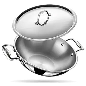 24cm Stahl Artisan Triply Stainless Steel Kadhai with Lid – Durable Cookware