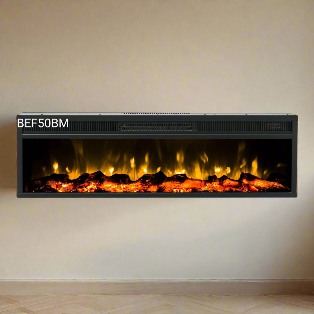 Electric fireplace insert with glowing logs on a beige wall.