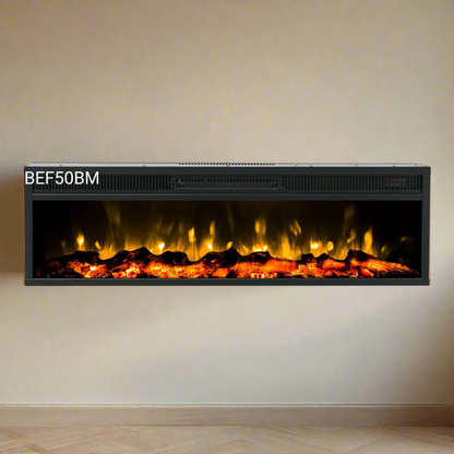 Electric fireplace insert with glowing logs on a beige wall.