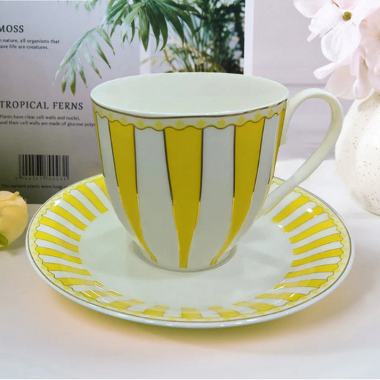American Brunswick Luxury Porcelain Cup & Saucer Set – Classic Stripe Design (Set of 6)