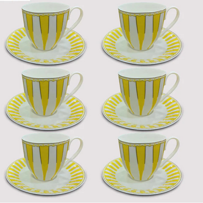 American Brunswick Luxury Porcelain Cup & Saucer Set – Classic Stripe Design (Set of 6)
