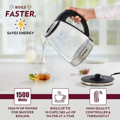 Borosil Electric Glass Kettle, Borosilicate Glass, Extra Long Cord, Dry-boil Protection, 360° Rotating Base, 1.8 L, Transparent