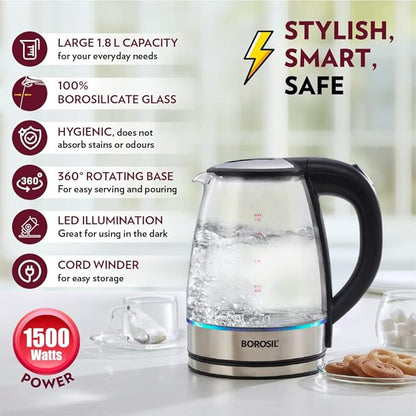 Borosil Electric Glass Kettle, Borosilicate Glass, Extra Long Cord, Dry-boil Protection, 360° Rotating Base, 1.8 L, Transparent