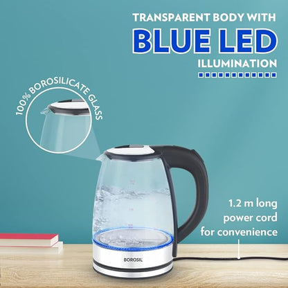 Borosil Electric Glass Kettle, Borosilicate Glass, Extra Long Cord, Dry-boil Protection, 360° Rotating Base, 1.8 L, Transparent