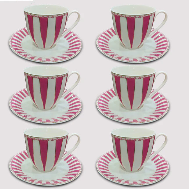 Brunswick American Luxury Porcelain Cup & Saucer Set – Classic Stripe Design (Set of 6)