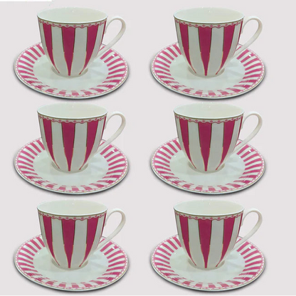 Brunswick American Luxury Porcelain Cup & Saucer Set – Classic Stripe Design (Set of 6)