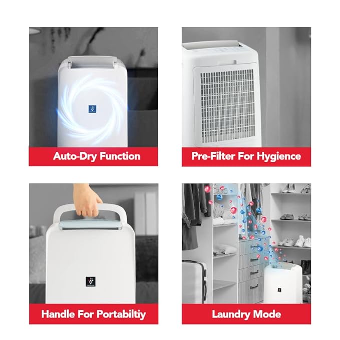 SHARP DW-P10M-W Electric Dehumidifier with Plasmacluster Technology – Removes Mold, Viruses, Odors & Excess Moisture for Cleaner Home Air