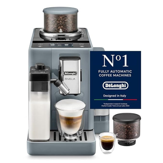 DeLonghi Rivelia EXAM440.55.G Automatic Coffee Machine – Freshly Ground Beans, Inter Bean Holder, Manual Milk Frother, Button Display, Espresso & Cappuccino Maker