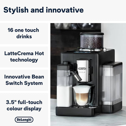 De'Longhi Rivelia Automatic Espresso Machine – Bean to Cup Coffee Maker with Grinder, Milk Frother & Iced Coffee | Compact Italian Design | Black