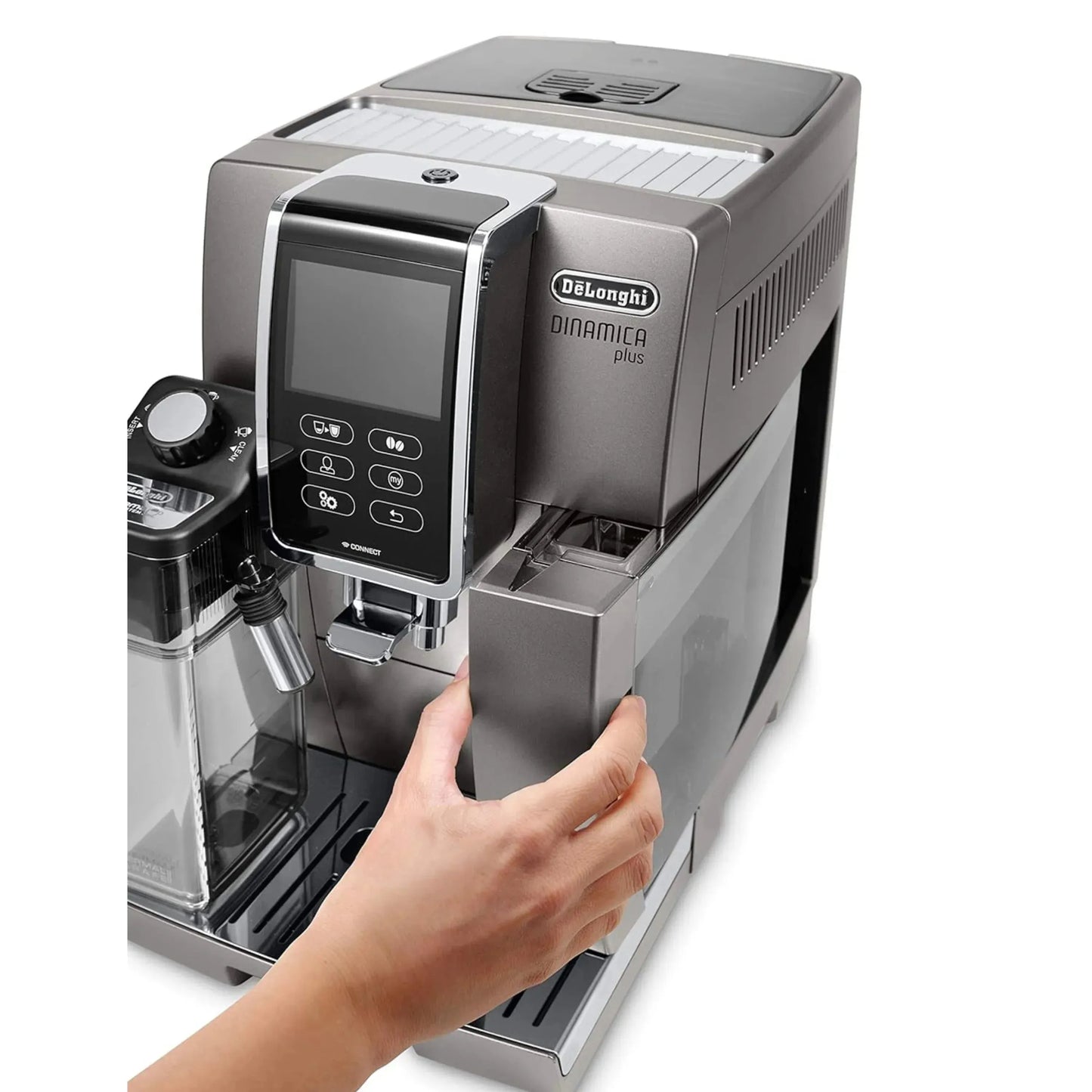 De'Longhi Dinamica Plus ECAM 370.95.T Titanium Automatic Coffee Machine – Bean to Cup, Smart Touchscreen, Milk Frother