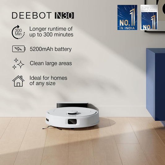 ECOVACS DEEBOT N30 White Robot Vacuum & Mop 2025  10000Pa, 5200mAh, 3500+ Sq Ft Coverage, Zero Tangle 2.0, TrueMapping