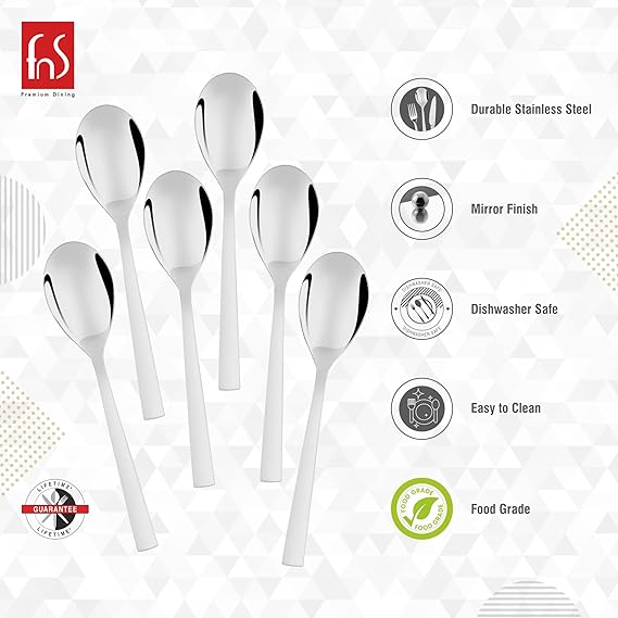 FnS Slim Line Stainless Steel Mirror Finish Tea Spoon (Set of 6) for Tea, Coffee and Spices