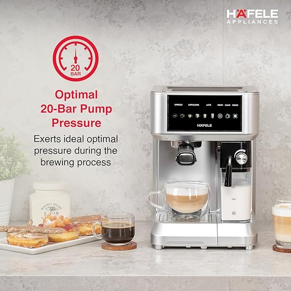 Häfele U-Kaffee Nova 20-Bar Espresso Machine – 1.6L Water Tank, Thermoblock Heating, Built-in Cleaning, 2-Year Warranty (Silver)