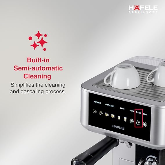 Häfele U-Kaffee Nova 20-Bar Espresso Machine – 1.6L Water Tank, Thermoblock Heating, Built-in Cleaning, 2-Year Warranty (Silver)