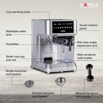 Häfele U-Kaffee Nova 20-Bar Espresso Machine – 1.6L Water Tank, Thermoblock Heating, Built-in Cleaning, 2-Year Warranty (Silver)