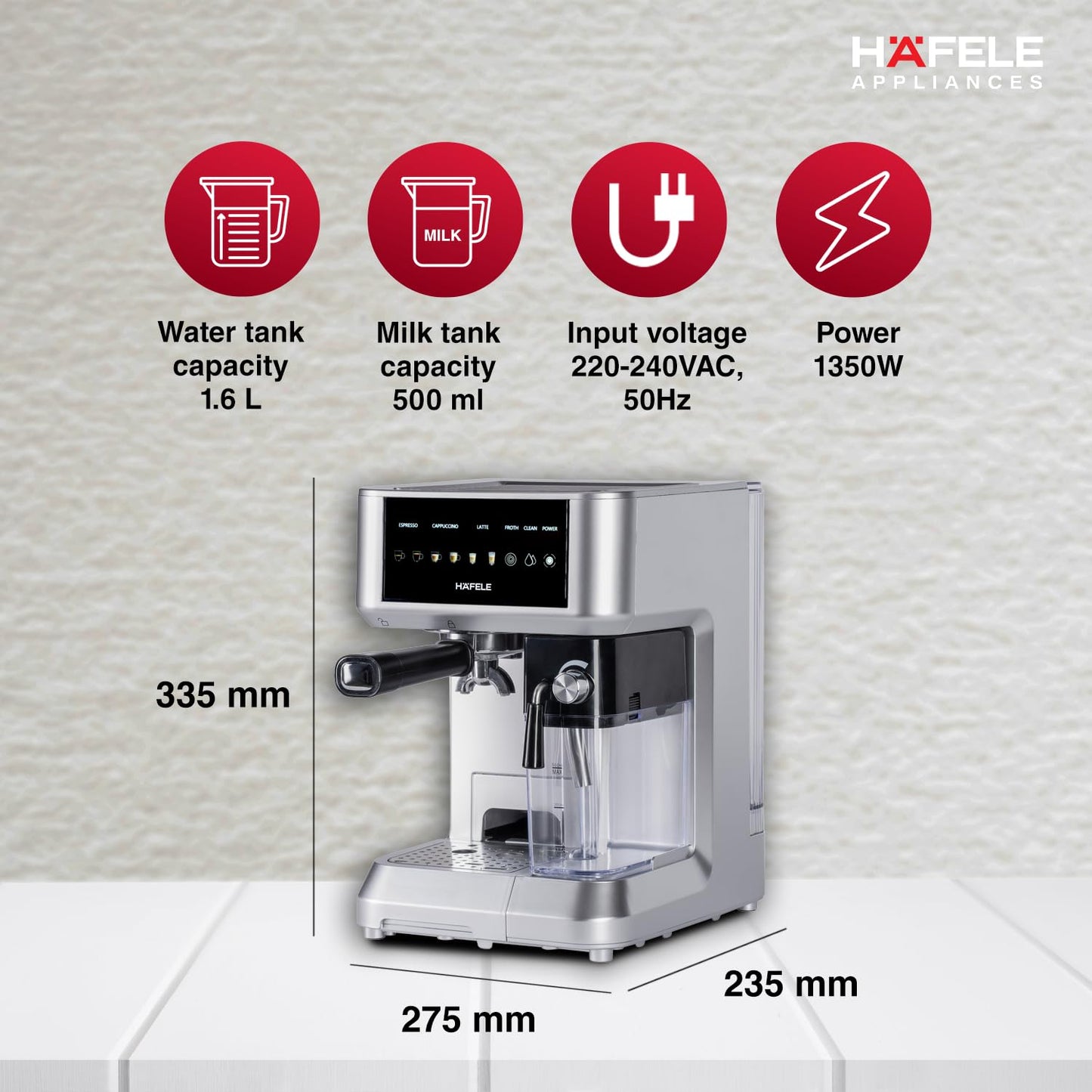 Häfele U-Kaffee Nova 20-Bar Espresso Machine – 1.6L Water Tank, Thermoblock Heating, Built-in Cleaning, 2-Year Warranty (Silver)