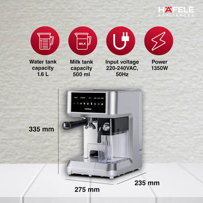 Häfele U-Kaffee Nova 20-Bar Espresso Machine – 1.6L Water Tank, Thermoblock Heating, Built-in Cleaning, 2-Year Warranty (Silver)