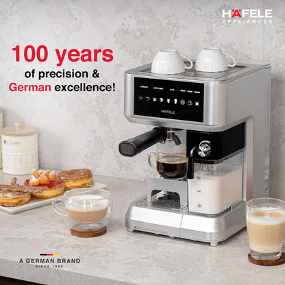Häfele U-Kaffee Nova 20-Bar Espresso Machine – 1.6L Water Tank, Thermoblock Heating, Built-in Cleaning, 2-Year Warranty (Silver)
