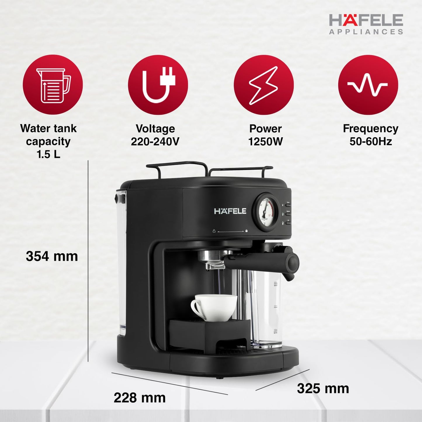 Hafele U-Kaffee Plus Coffee Machine 15 Bar Espresso Maker with Thermoblock Technology, 1250W, Single Double Shot, Cappuccino & Latte, 500ml Removable Milk Tank