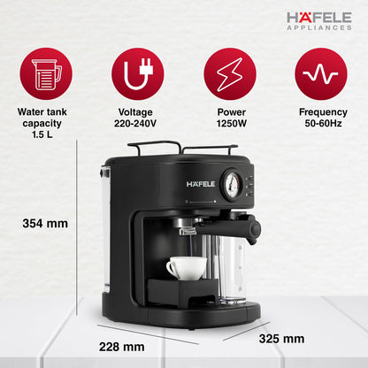 Hafele U-Kaffee Plus Coffee Machine 15 Bar Espresso Maker with Thermoblock Technology, 1250W, Single Double Shot, Cappuccino & Latte, 500ml Removable Milk Tank