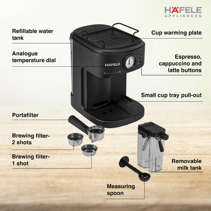 Hafele U-Kaffee Plus Coffee Machine 15 Bar Espresso Maker with Thermoblock Technology, 1250W, Single Double Shot, Cappuccino & Latte, 500ml Removable Milk Tank