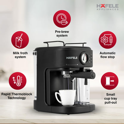 Hafele U-Kaffee Plus Coffee Machine 15 Bar Espresso Maker with Thermoblock Technology, 1250W, Single Double Shot, Cappuccino & Latte, 500ml Removable Milk Tank