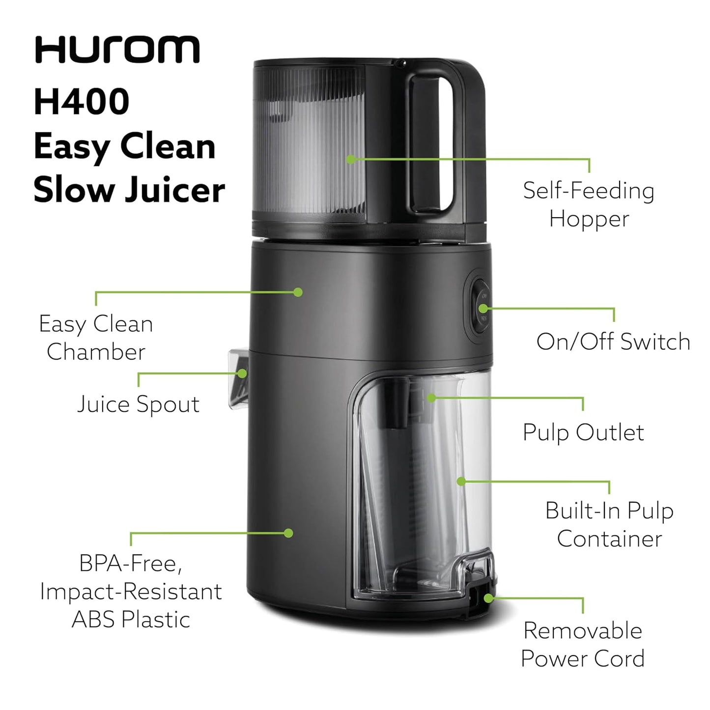 Hurom New H400 Cold Press Juicer  Premium Slow Juicer for Fruits, Vegetables & Nut Milk  Self-Feeding, Easy Clean, Ultra-Quiet