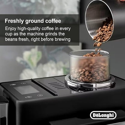 DeLonghi Rivelia EXAM440.55.W Automatic Coffee Machine – Freshly Ground Beans, Inter Bean Holder, Manual Milk Frother, Button Display, Espresso & Cappuccino Maker