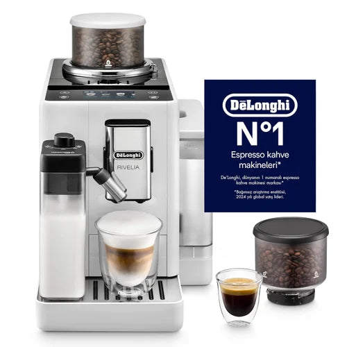 DeLonghi Rivelia EXAM440.55.W Automatic Coffee Machine – Freshly Ground Beans, Inter Bean Holder, Manual Milk Frother, Button Display, Espresso & Cappuccino Maker
