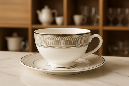 Luxury Porcelain Tea Cup & Saucer Set with Platinum Detailing – Elegant Bone China for High Tea, Gifting & Formal Dining