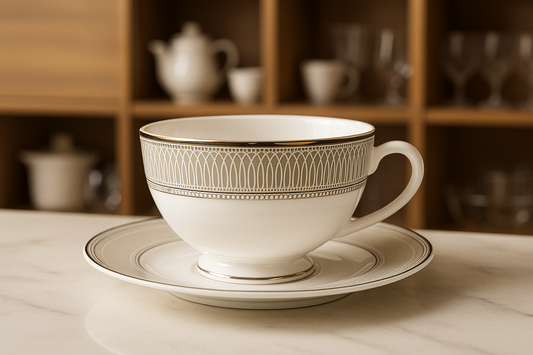 Luxury Porcelain Tea Cup & Saucer Set with Platinum Detailing – Elegant Bone China for High Tea, Gifting & Formal Dining